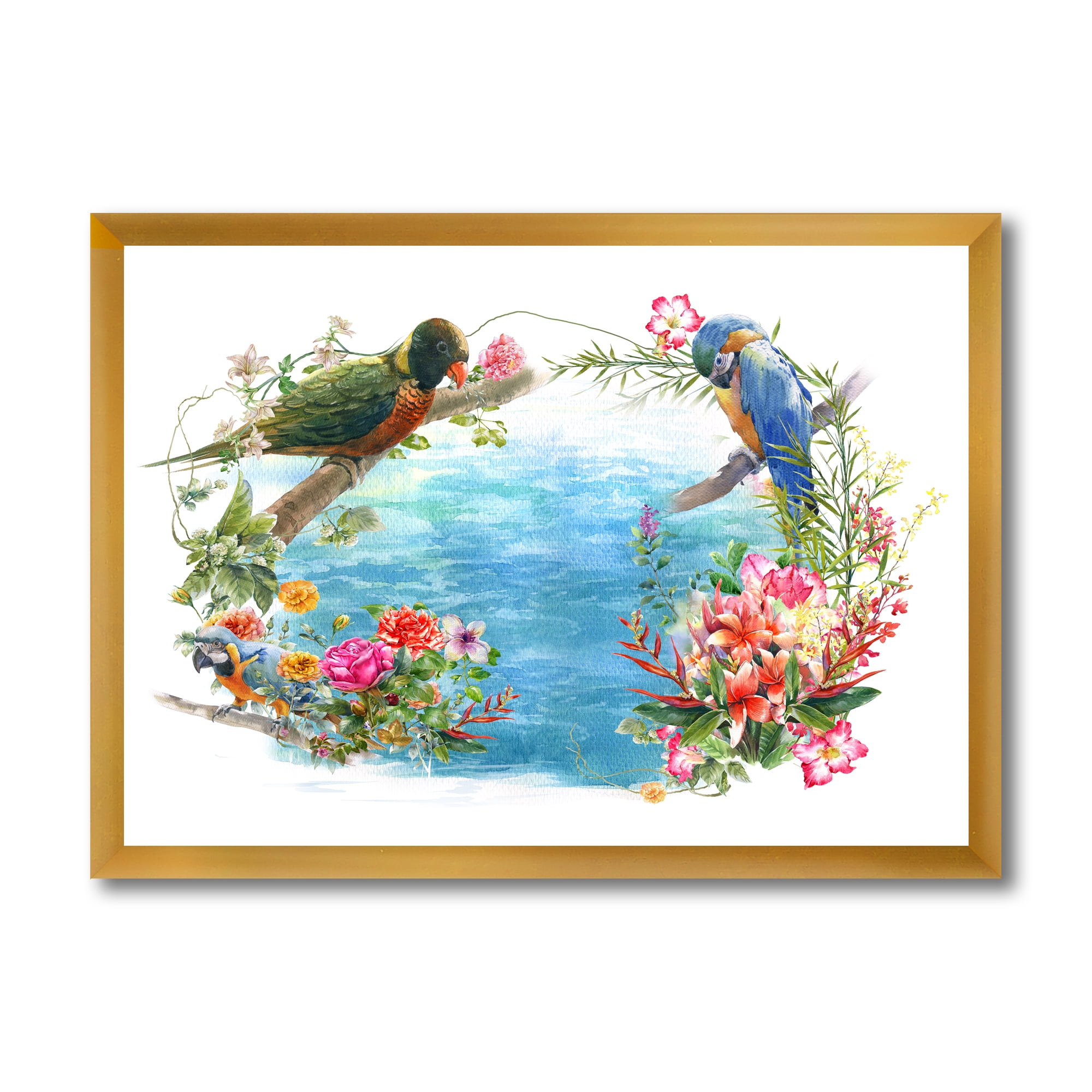 Designart 'Parrots and Flowers By The Blue Waterside' Traditional Framed Art Print
