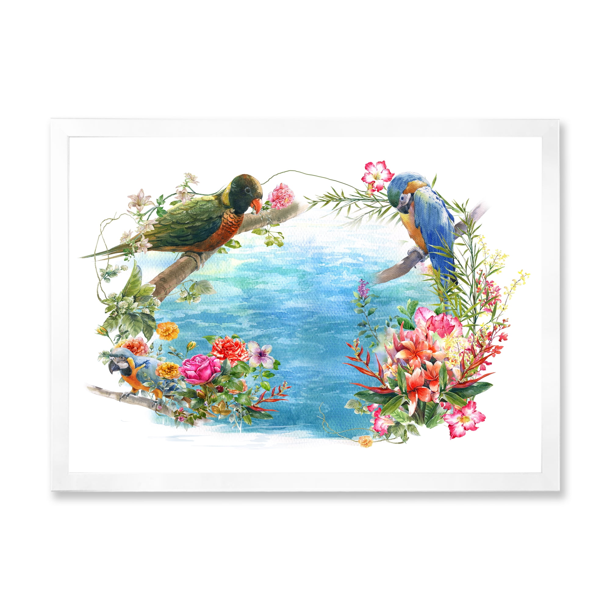 Designart 'Parrots and Flowers By The Blue Waterside' Traditional Framed Art Print