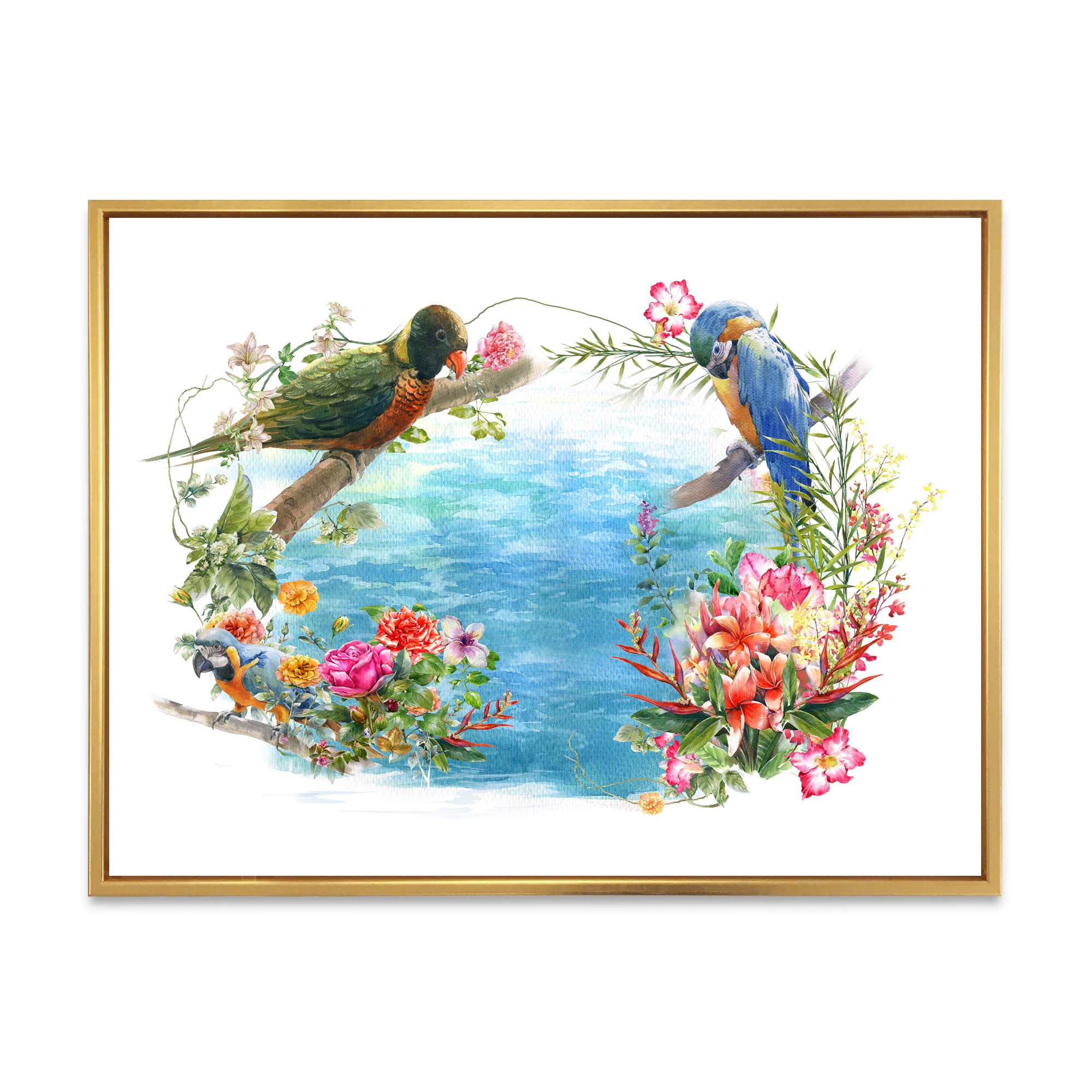 Designart 'Parrots and Flowers By The Blue Waterside' Traditional Framed Canvas Wall Art Print