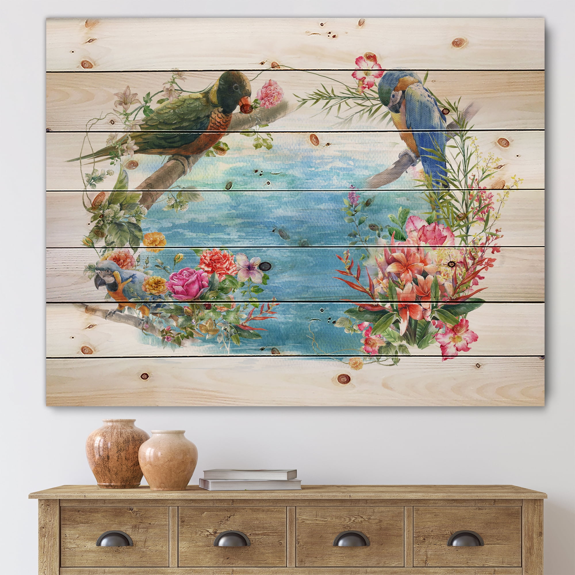 Designart 'Parrots and Flowers By The Blue Waterside' Traditional Print on Natural Pine Wood