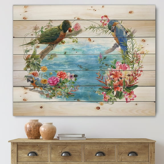 Designart 'Parrots and Flowers By The Blue Waterside' Traditional Print on Natural Pine Wood