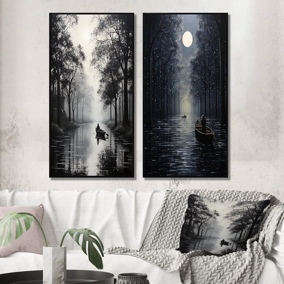 Designart "Passage Charcoal Canal Quiet III" Canals Framed Wall Art Set Of 2 - Grey Architecture Framed Canvas Set For Living Room Decor