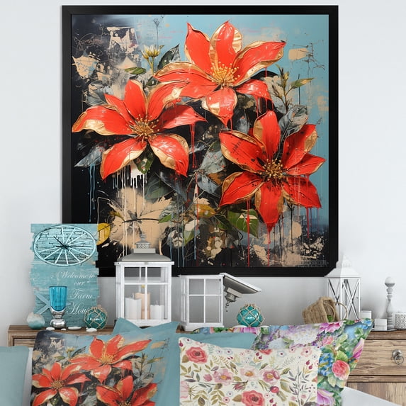 Designart "Passionate Poinsettias in Flower V" Floral Framed Wall Art Decor - Traditional Red Poinsettias Living Room Framed Canvas Art