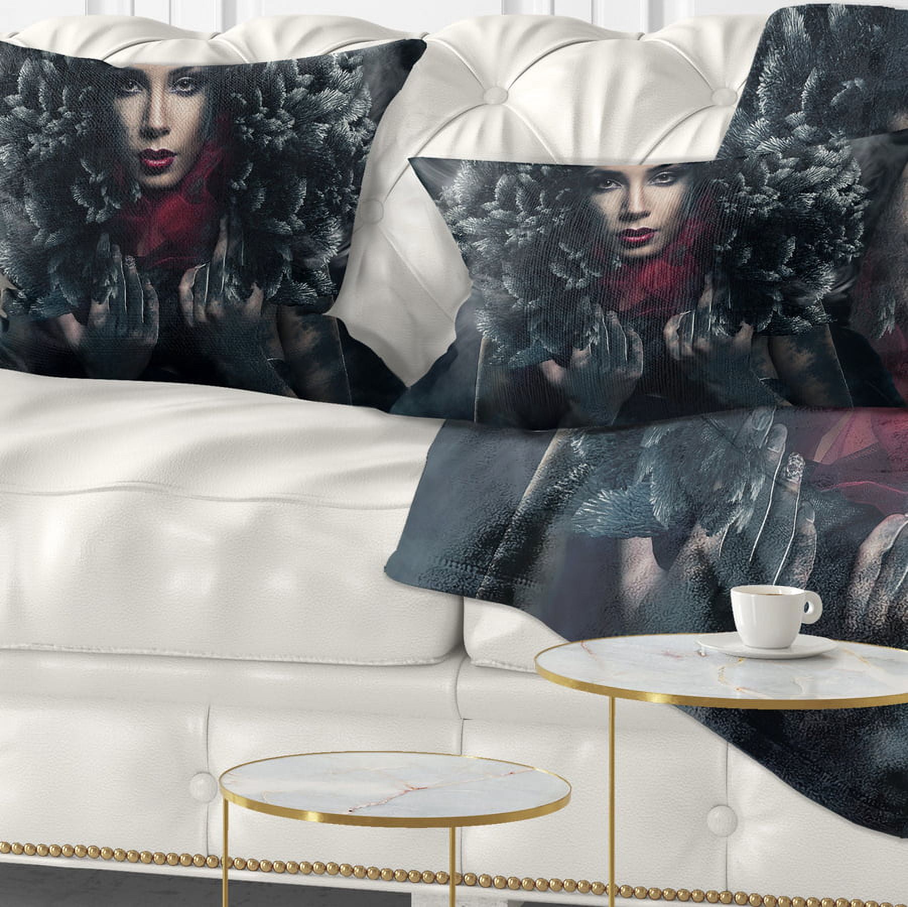 Designart Passionate Woman in Feather Hood - Portrait Throw Pillow - 12x20