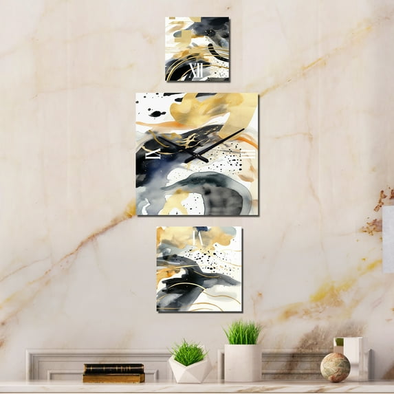 Designart "Pastel Abstract with Spots of Blue, Black, and Gold III" Fractals Oversized Wall Clock - Set Of 3 - Multipanel Clock For Living Room Décor - Large Contemporary Wall Clock