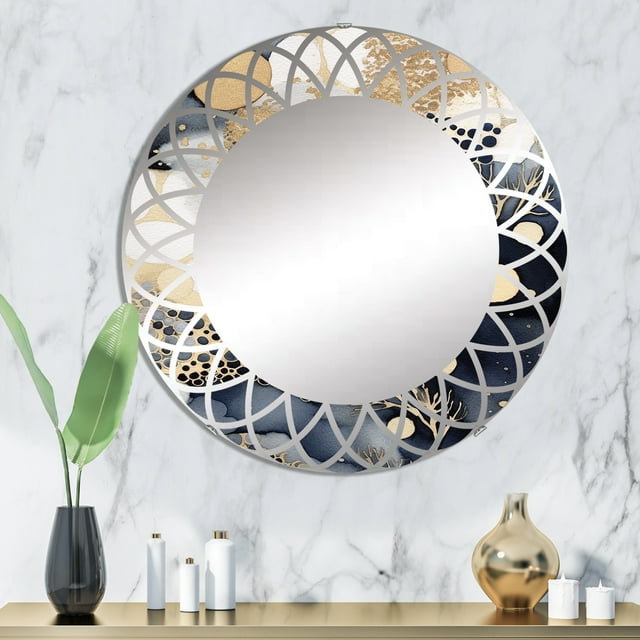 Designart "Pastel Abstract with Spots of Blue, Black, and Gold XII" Modern Geometric Round Wall Mirror - Modern Oval Printed Decorative Oversized Mirror - Multiple Color Options