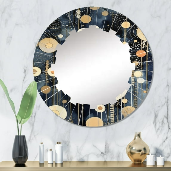 Designart "Pastel Abstract with Spots of Blue, Black, and Gold XV" Modern Geometric Round Wall Mirror - Modern Oval Printed Decorative Oversized Mirror - Multiple Color Options