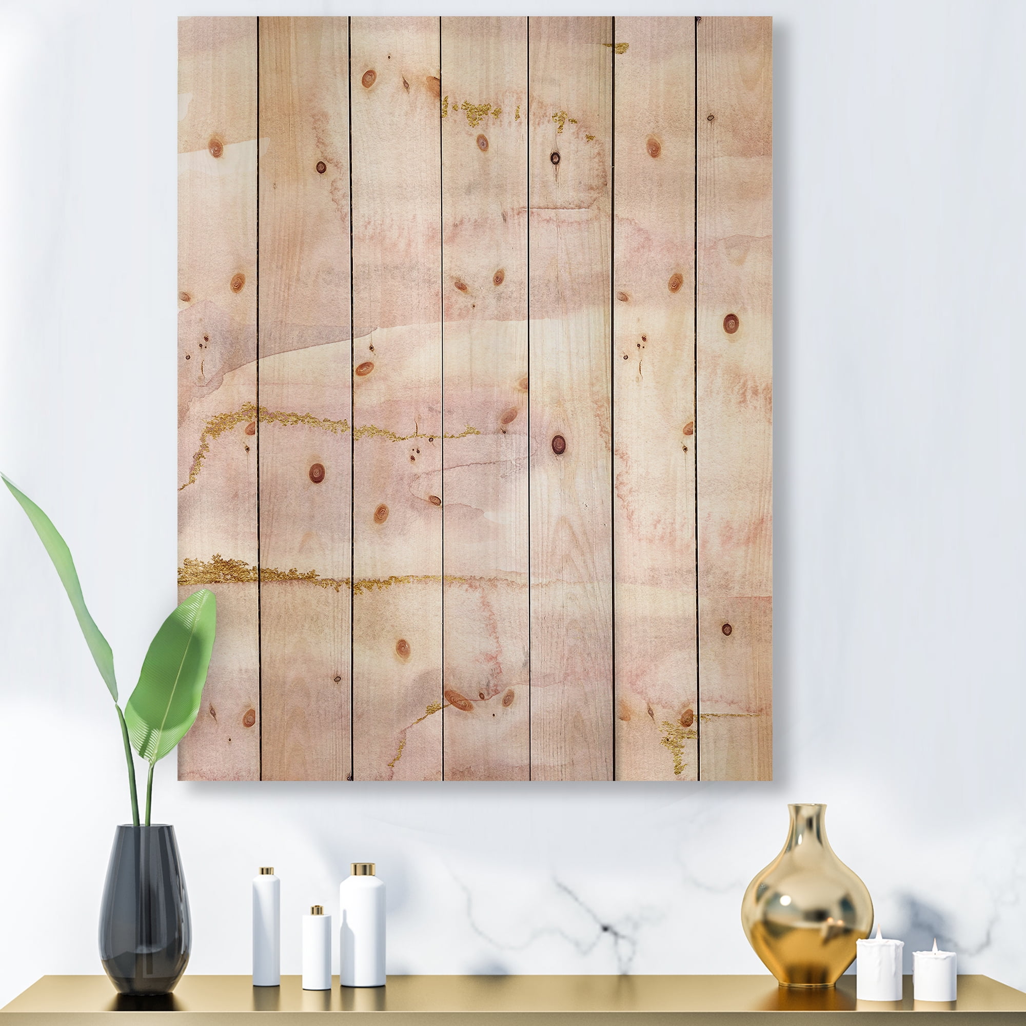 Designart 'Pastel Abstract With Beige Pink and Yelllow Spots' Modern Print on Natural Pine Wood