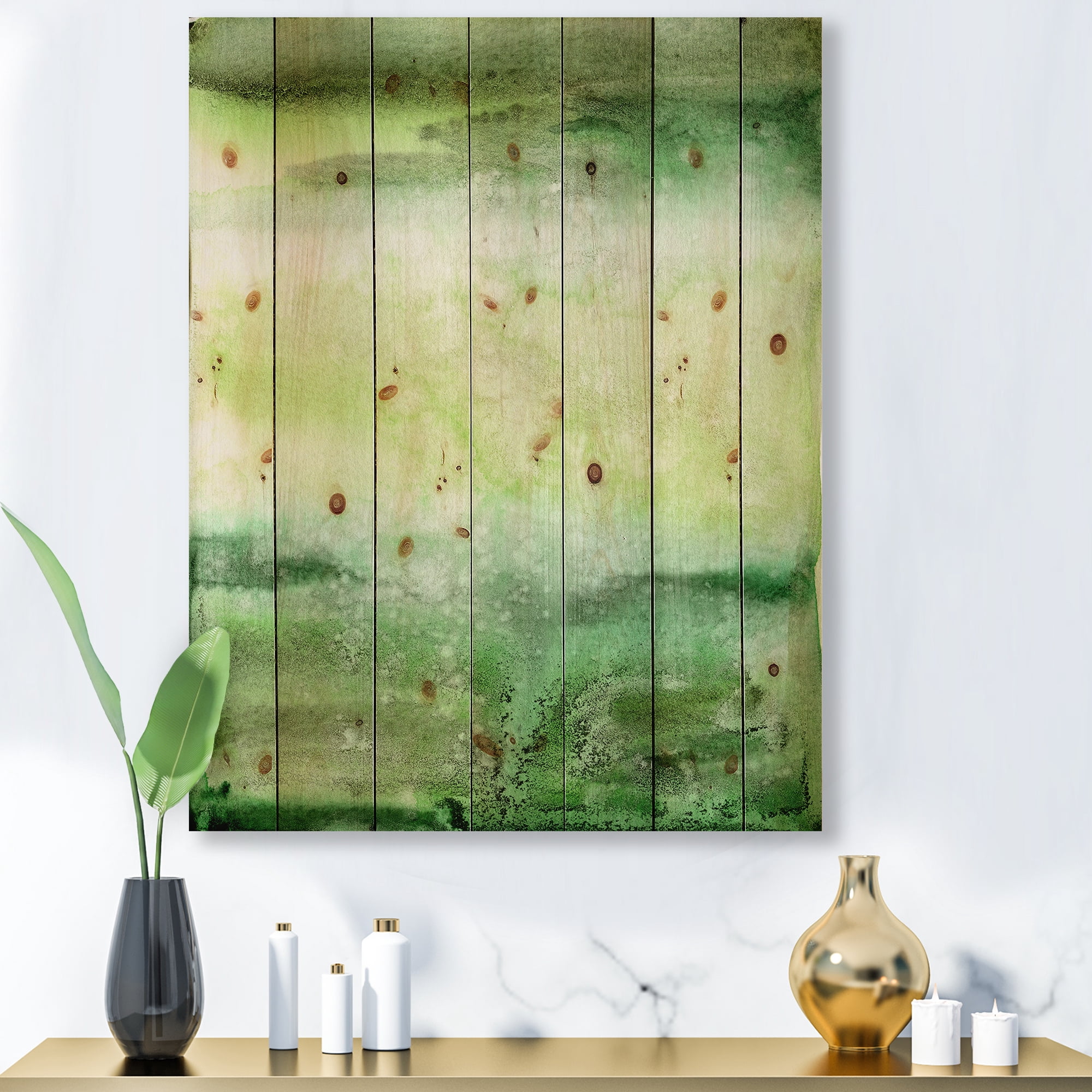 Designart 'Pastel Abstract With Beige and Dark Green & Spots' Modern Print on Natural Pine Wood