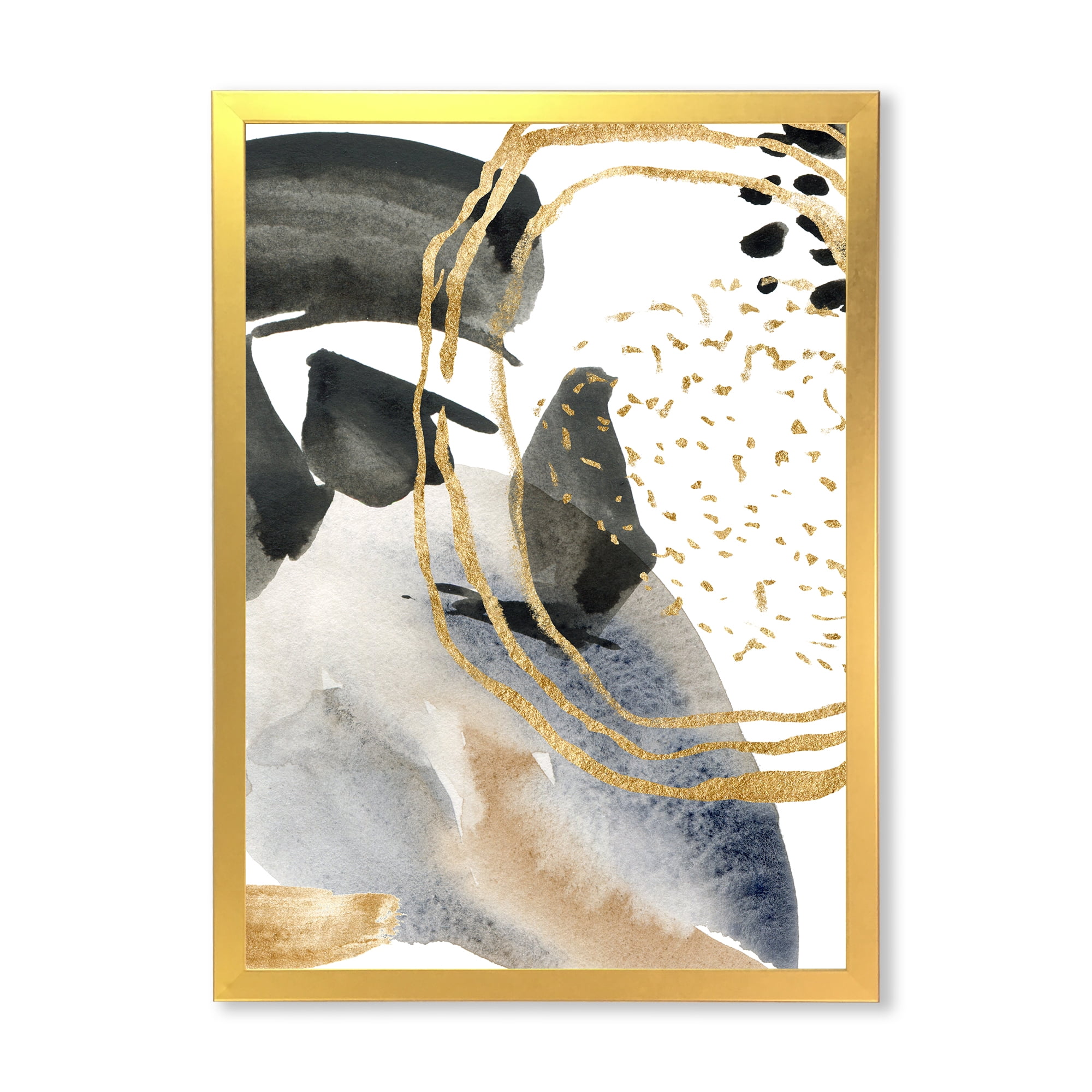 Designart 'Pastel Abstract With Black Blue Beige and Gold Spots' Modern Framed Art Print