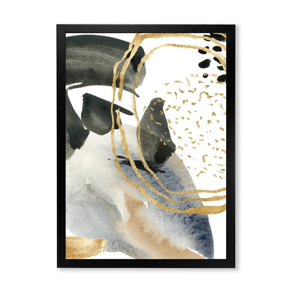 Designart 'Pastel Abstract With Black Blue Beige and Gold Spots' Modern Framed Art Print