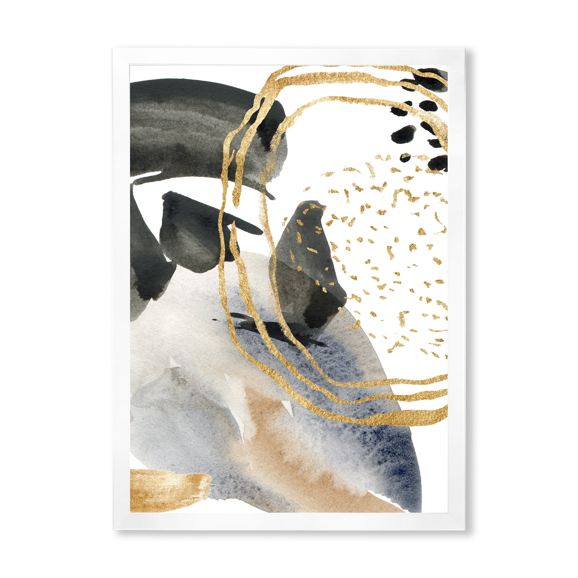Designart 'Pastel Abstract With Black Blue Beige and Gold Spots' Modern Framed Art Print
