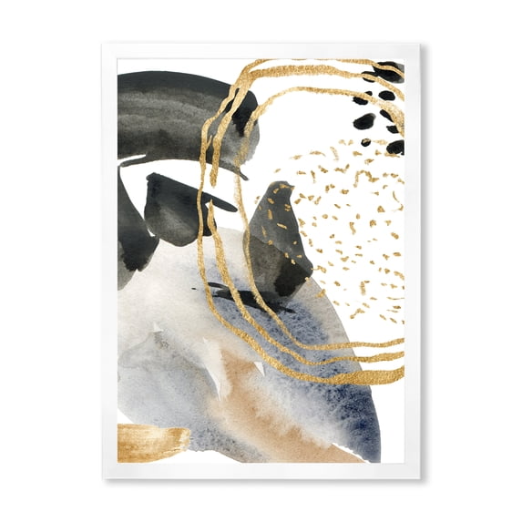 Designart 'Pastel Abstract With Black Blue Beige and Gold Spots' Modern Framed Art Print