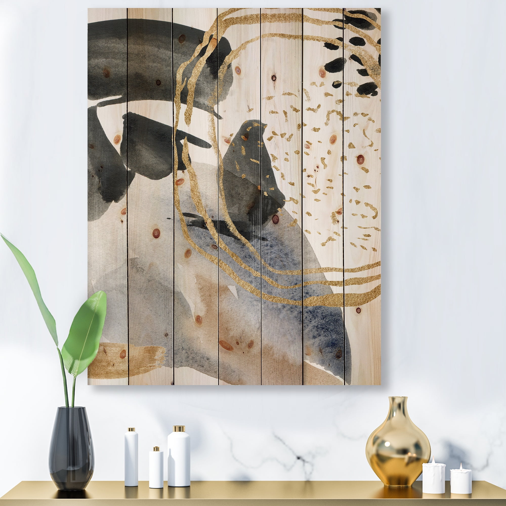 Designart 'Pastel Abstract With Black Blue Beige and Gold Spots' Modern Print on Natural Pine Wood