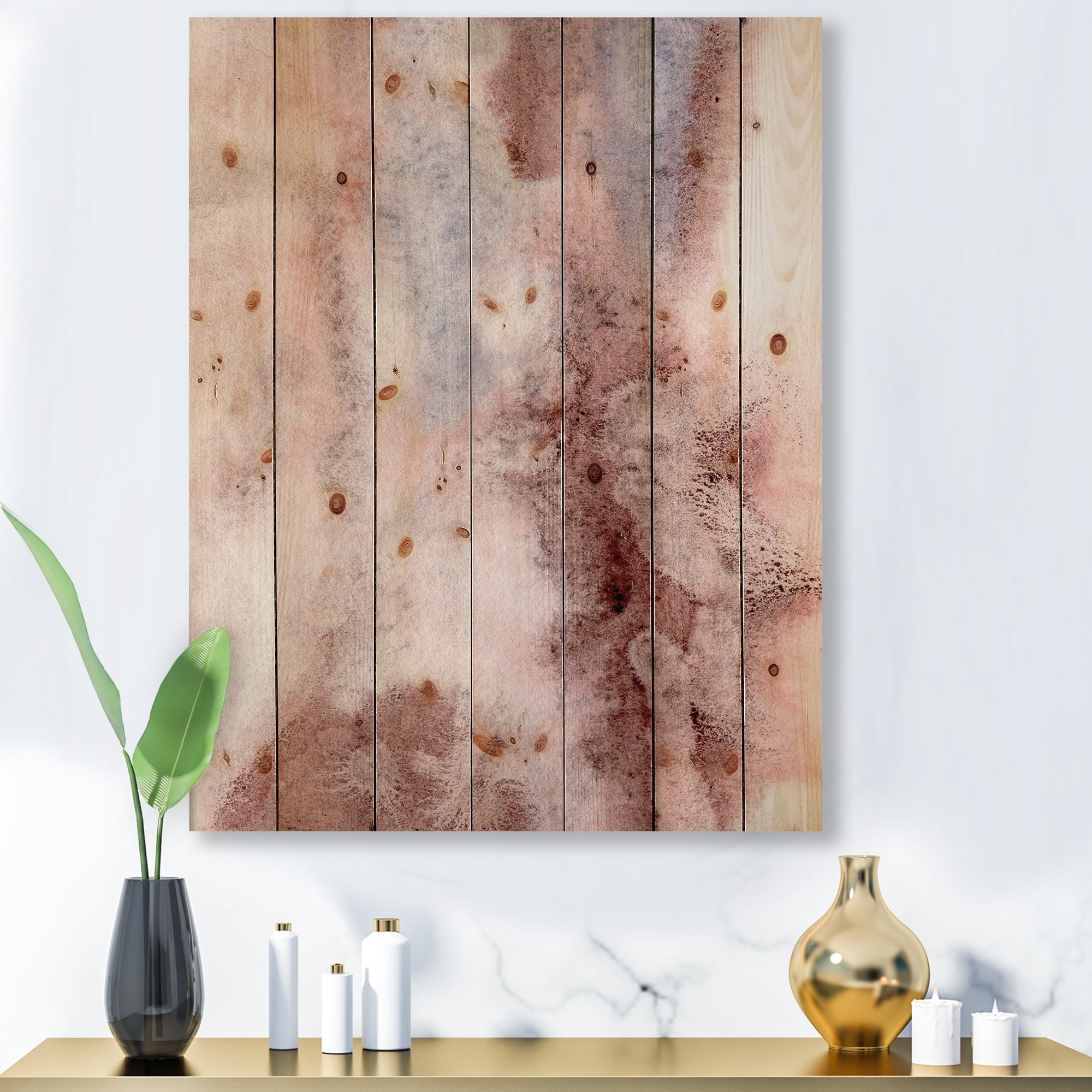 Designart 'Pastel Abstract With Pink Blue and Dark Red Spots' Modern Print on Natural Pine Wood