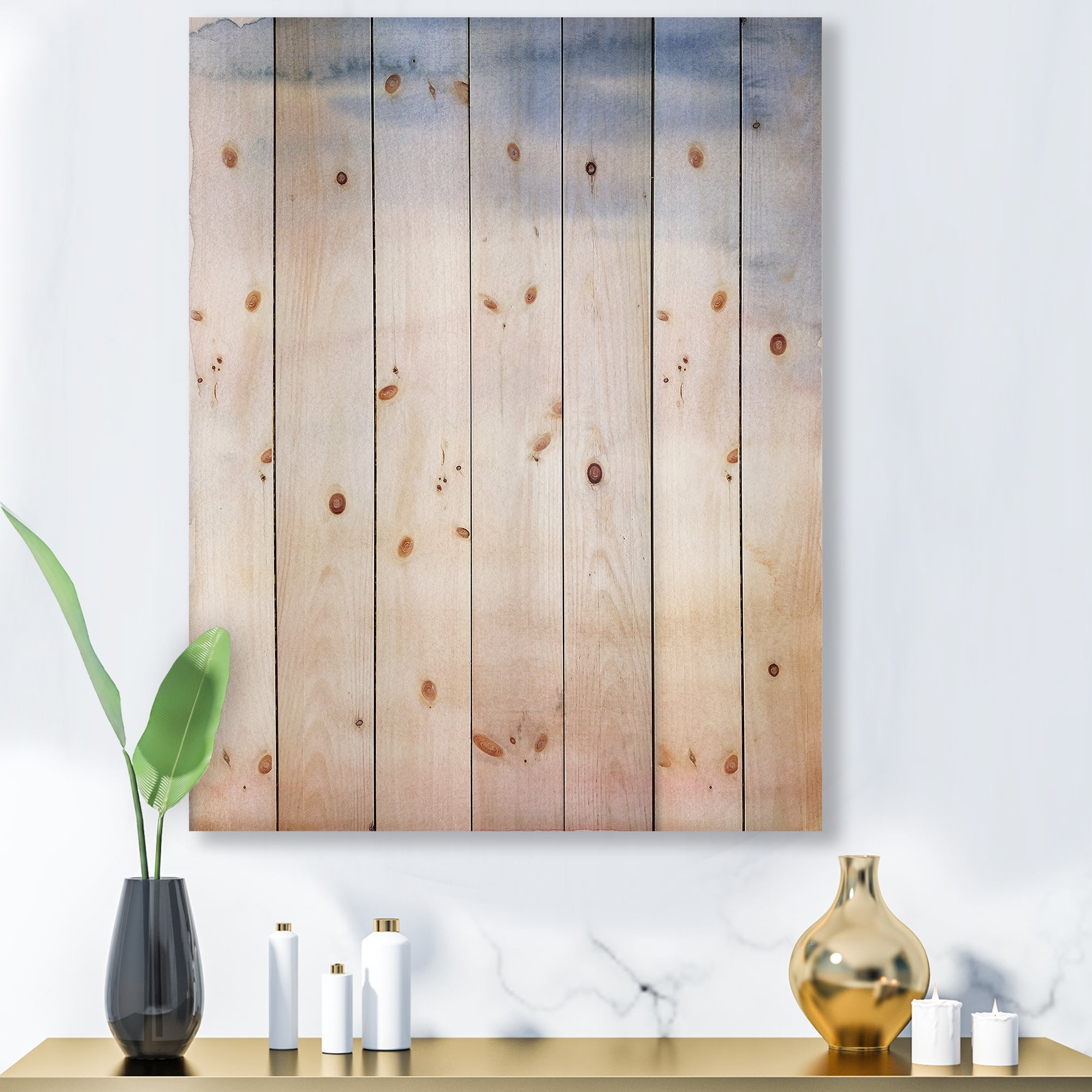Designart 'Pastel Abstract With Pink Dark Blue and Beige Spots' Modern Print on Natural Pine Wood