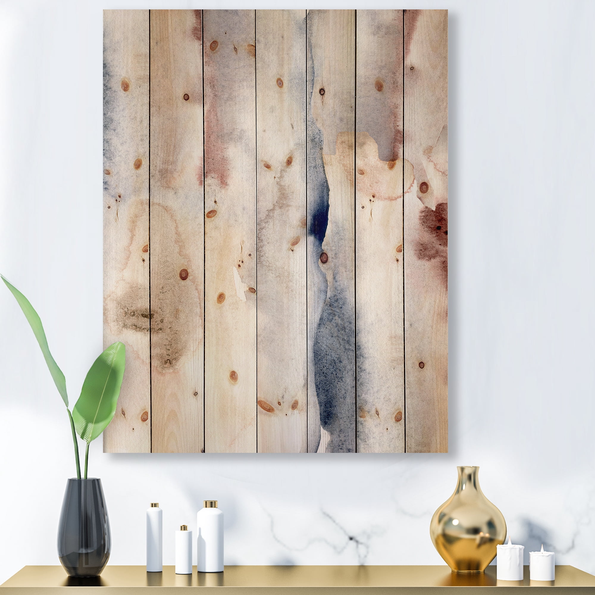 Designart 'Pastel Abstract With Pink Dark Blue and Gray Spots' Modern Print on Natural Pine Wood