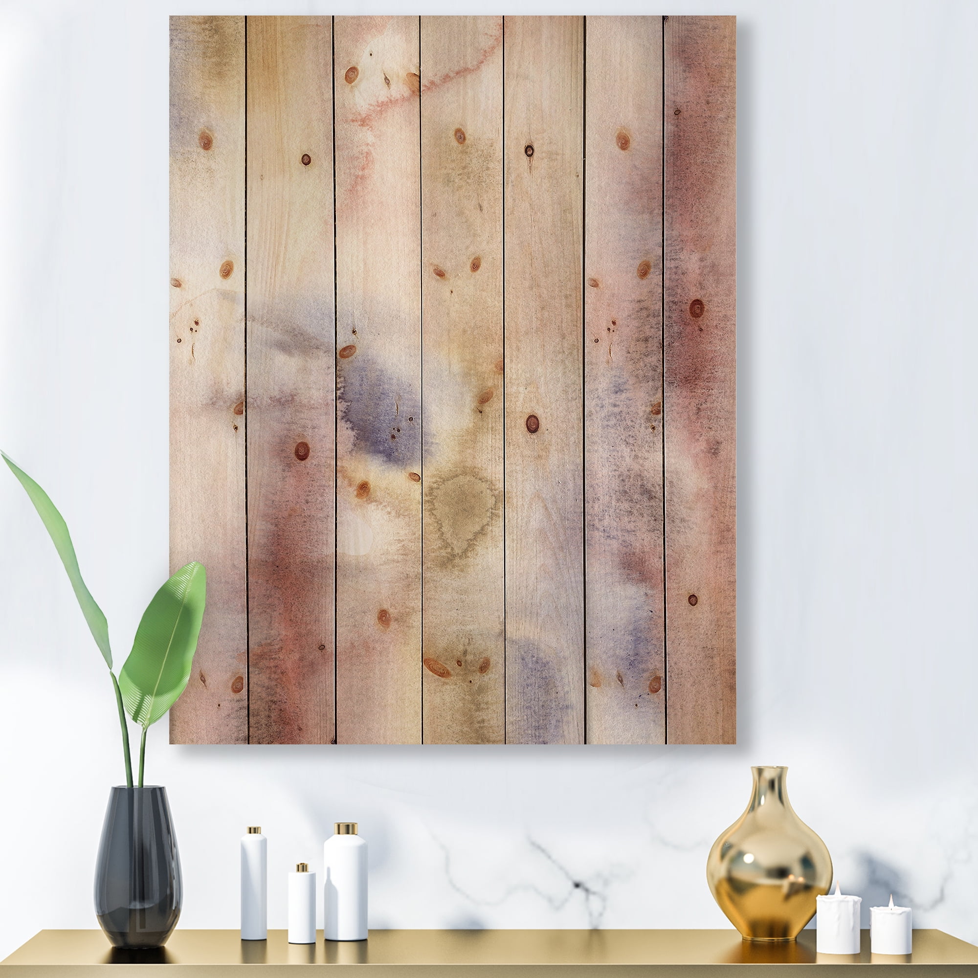 Designart 'Pastel Abstract With Pink Dark Blue and Yellow Spots' Modern Print on Natural Pine Wood