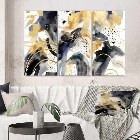 Designart "Pastel Abstract with Spots of Blue, Black, and Gold III" Fractals Wall Art Set Of 3 - Gold Fractals Canvas Set For Living Room Decor