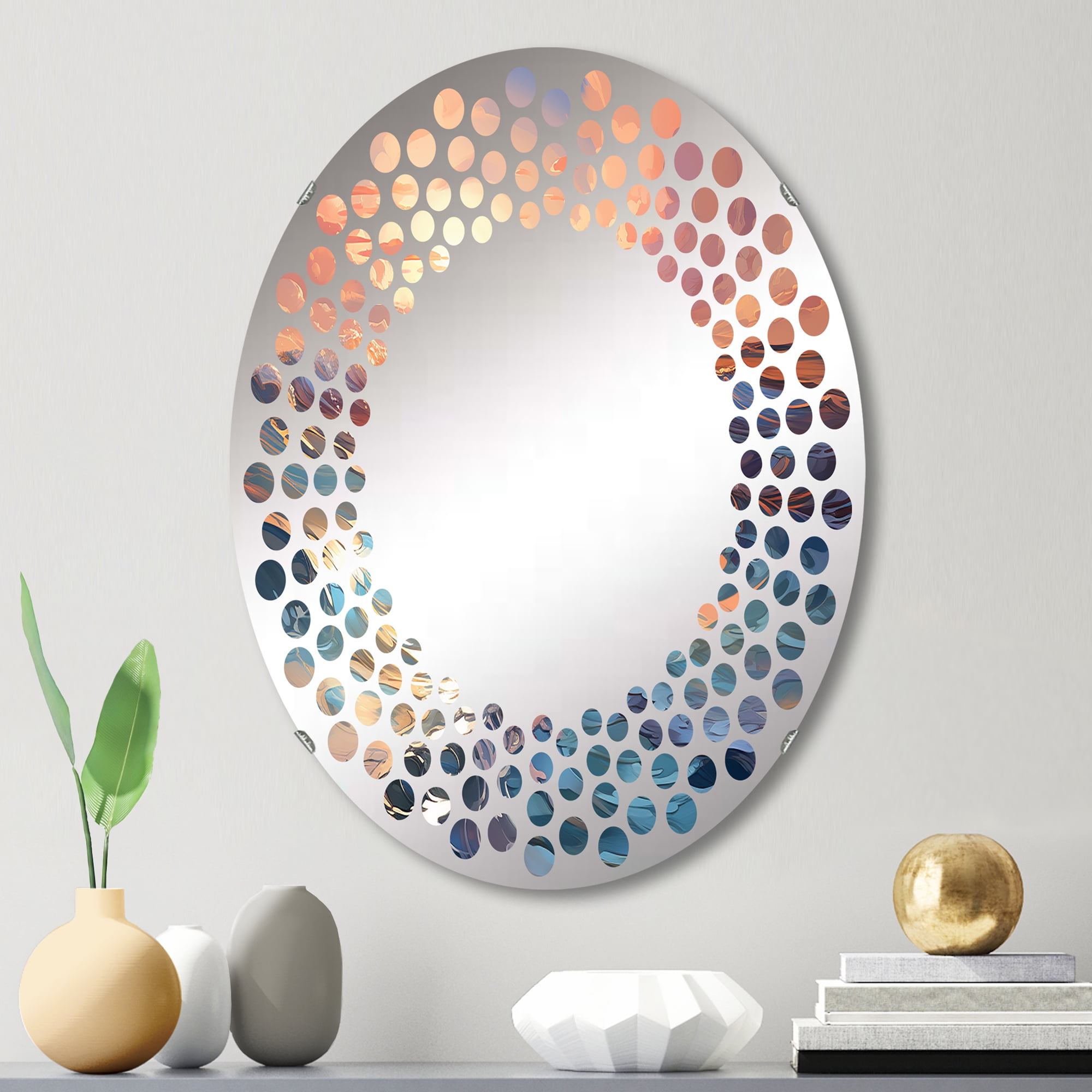 Designart "Pastel Aqua Skies I" Clouds Polka Dot Round Wall Mirror