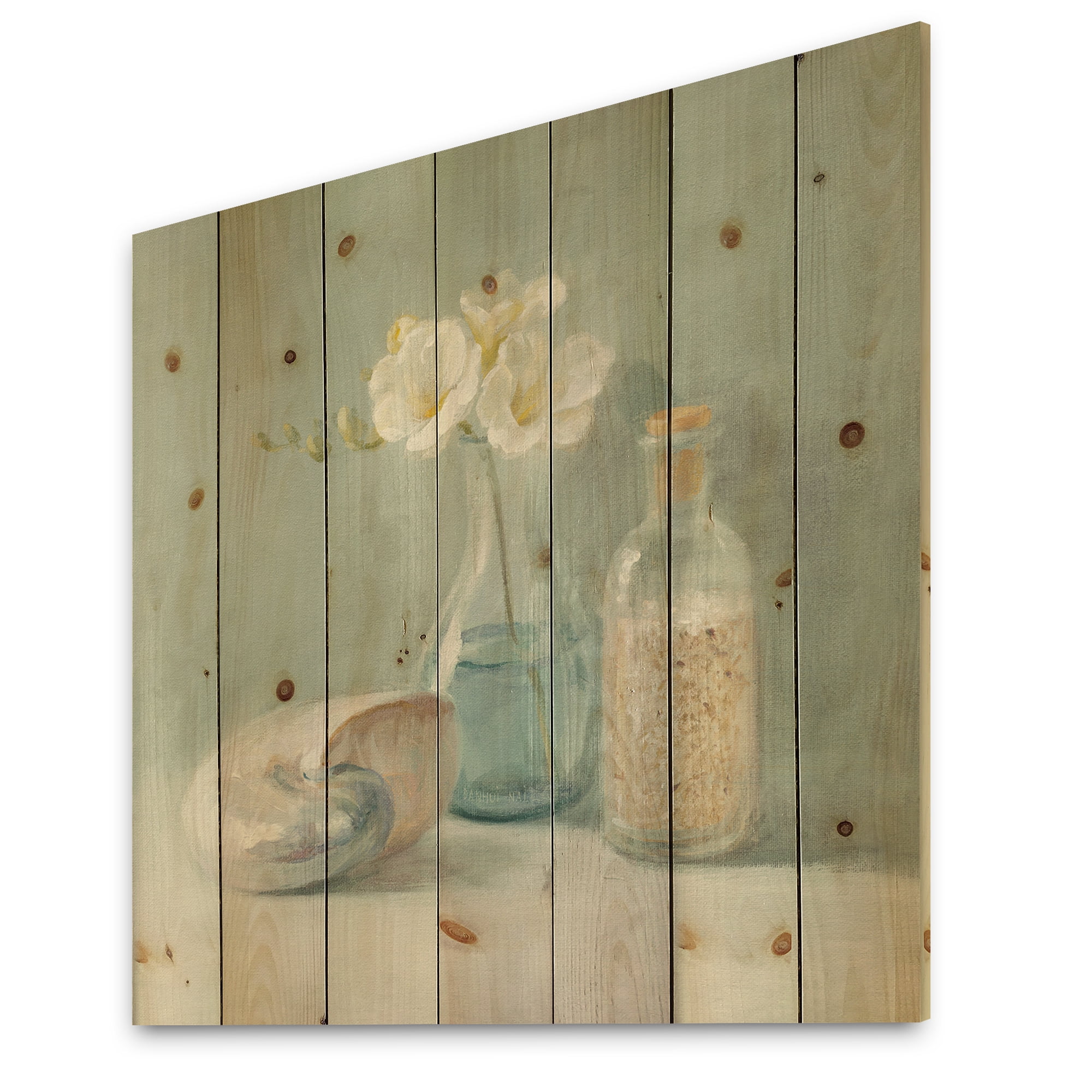 Designart 'Pastel Bath Accessories II' Nautical & Beach Print on Natural Pine Wood