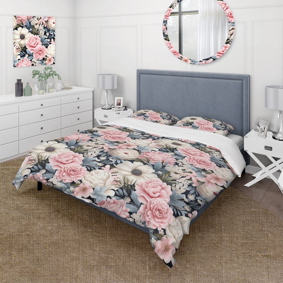 Designart "Pastel Blossom Delight II" Pink Floral Bedding Covert Set - Cottage Bed Set With 1 Sham