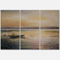 Designart ' Pastel Boat Sunset Over The Lake ' Nautical & Coastal Canvas Wall Art Print
