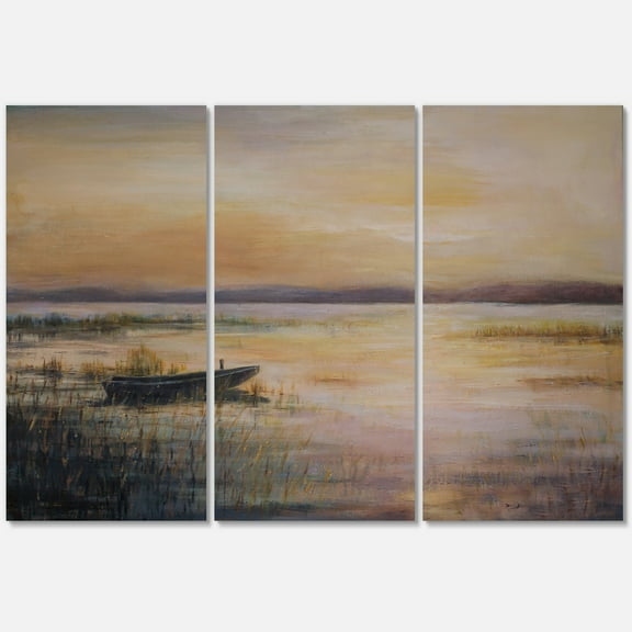 Designart ' Pastel Boat Sunset Over The Lake ' Nautical & Coastal Canvas Wall Art Print