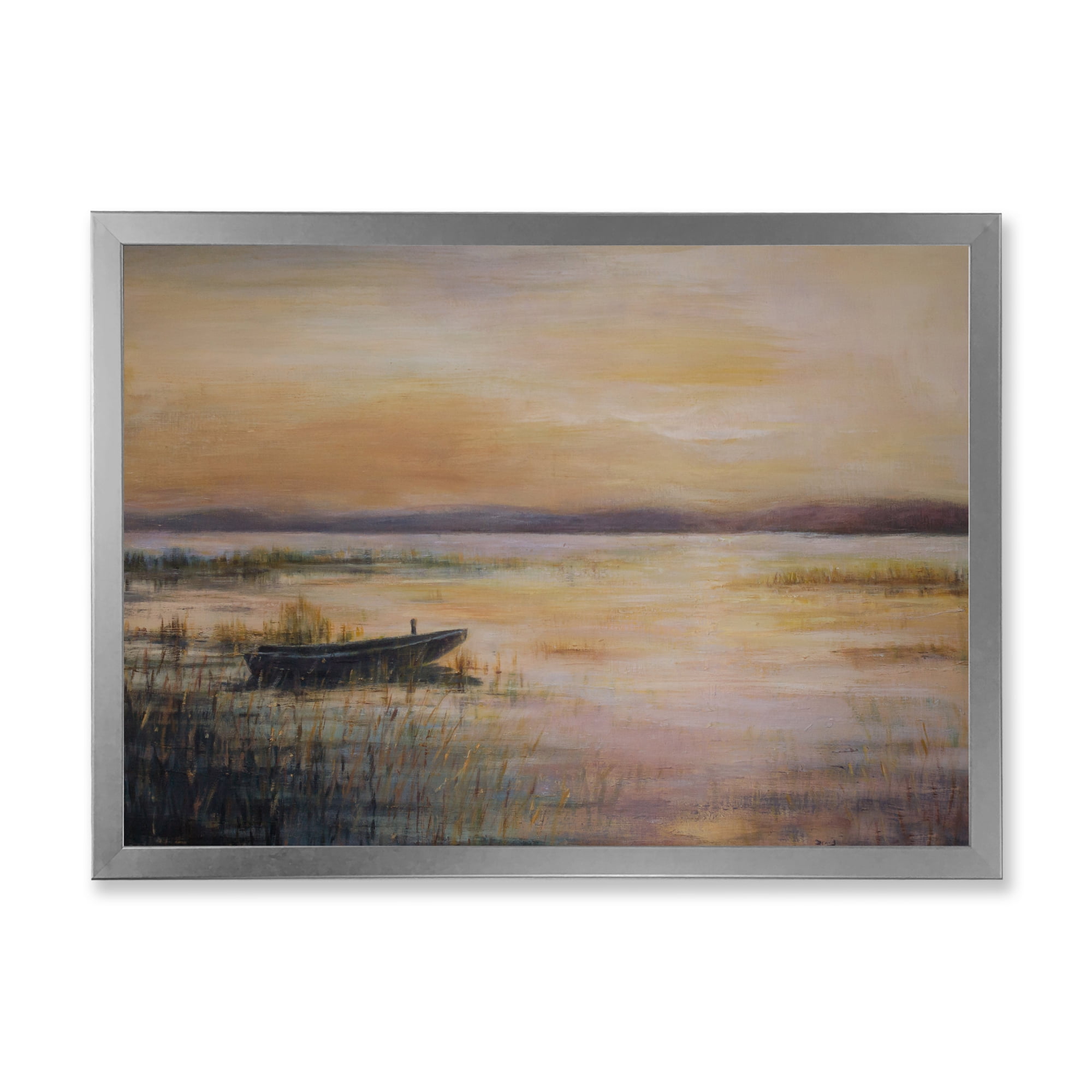 Designart 'Pastel Boat Sunset Over The Lake' Nautical & Coastal Framed Art Print