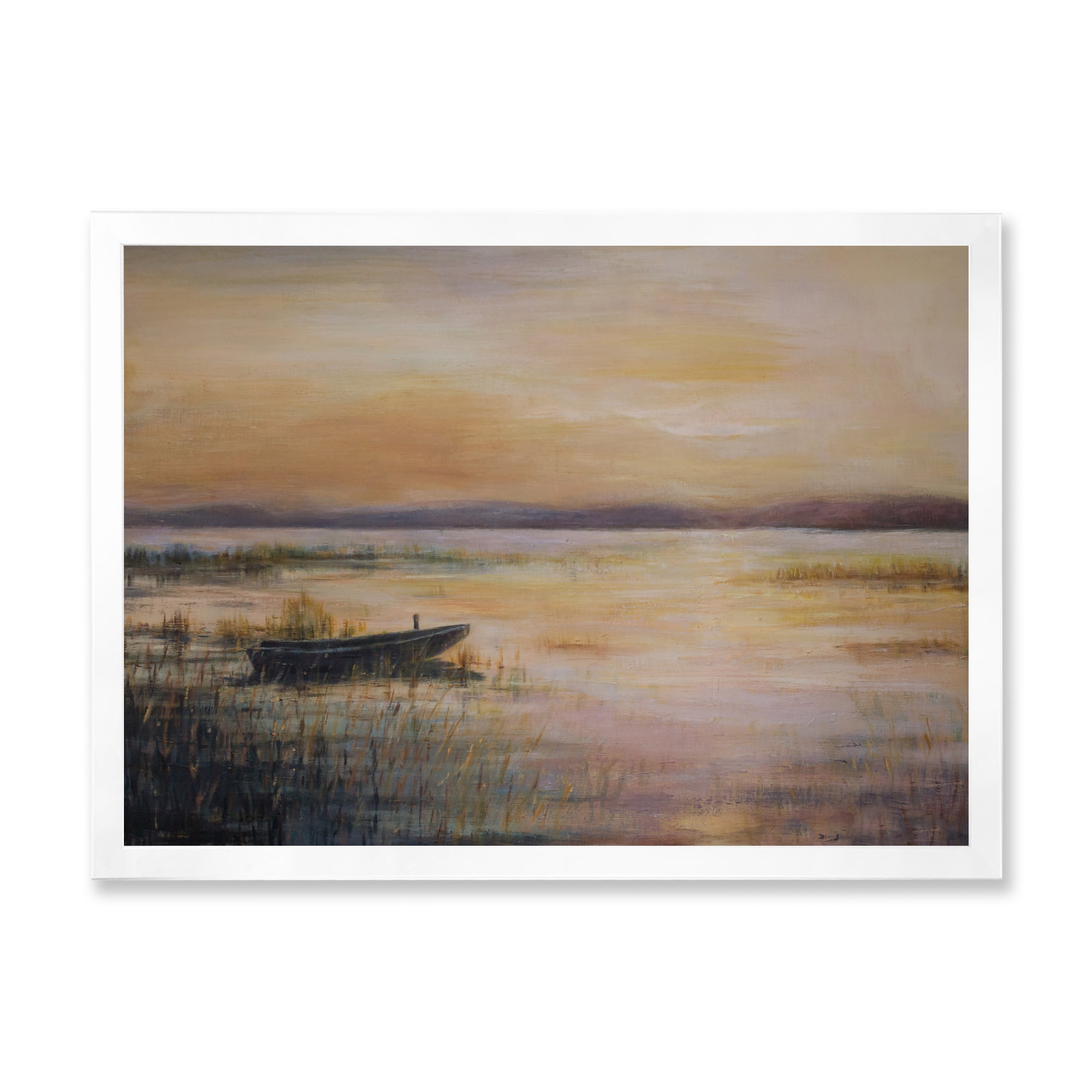 Designart 'Pastel Boat Sunset Over The Lake' Nautical & Coastal Framed Art Print