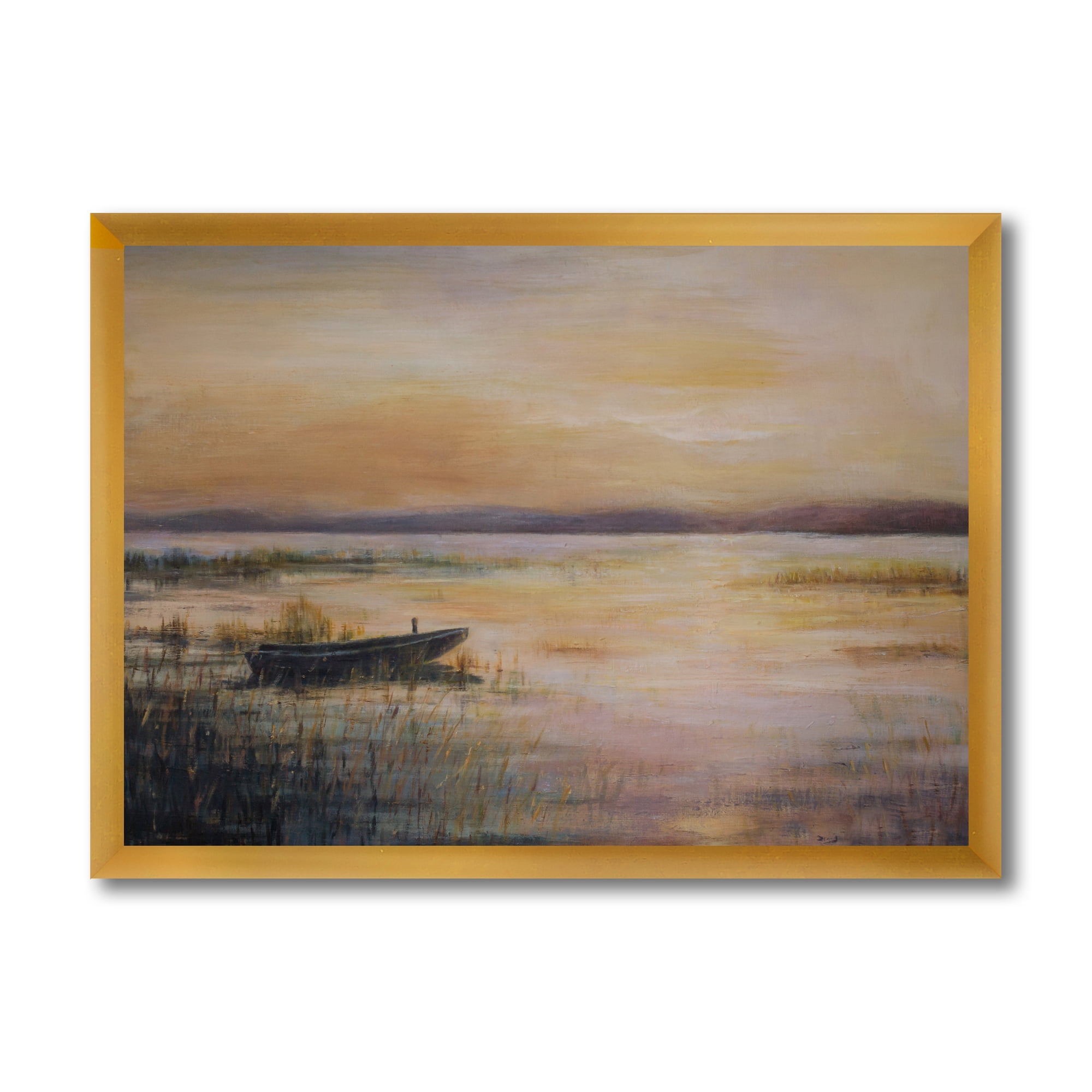 Designart 'Pastel Boat Sunset Over The Lake' Nautical & Coastal Framed Art Print