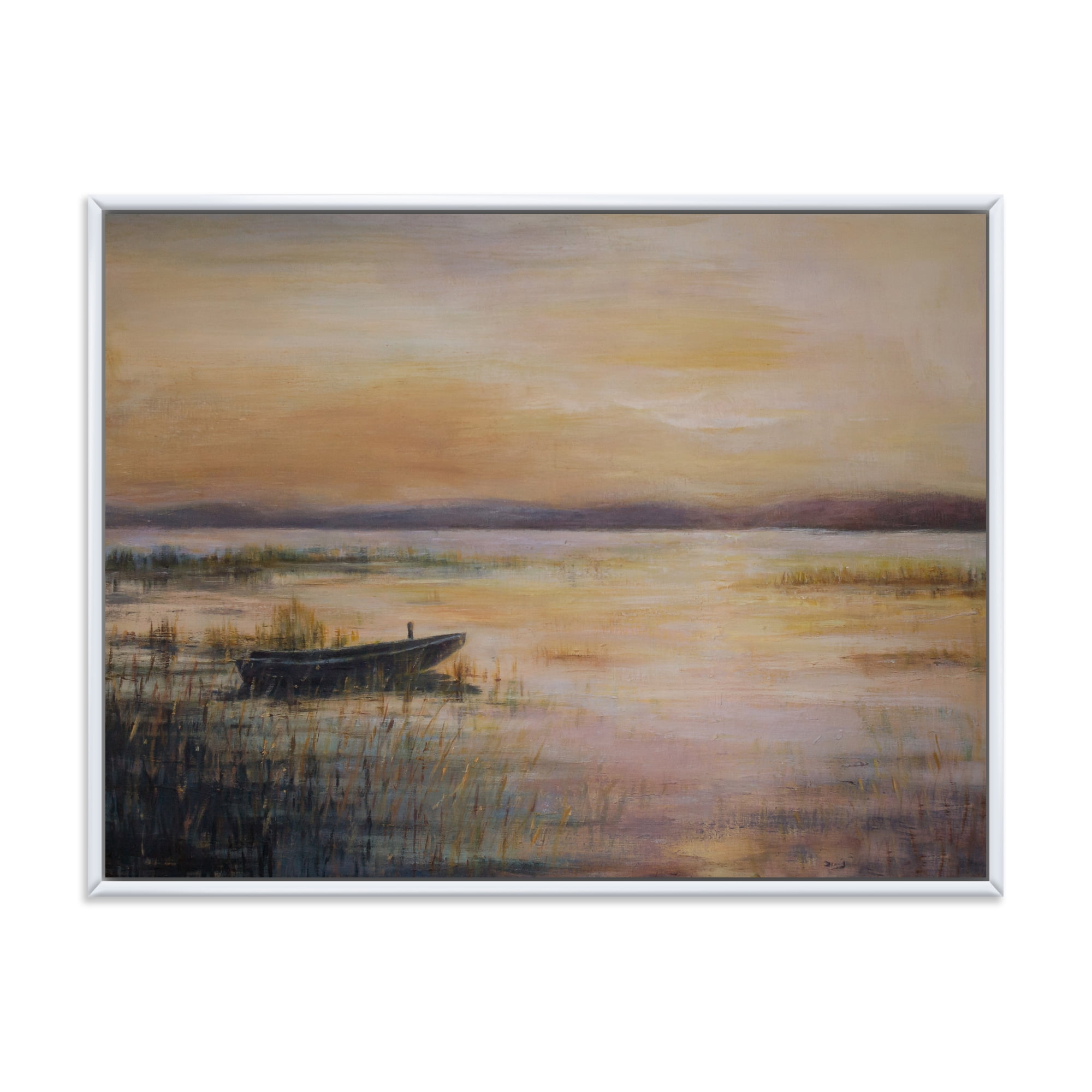 Designart 'Pastel Boat Sunset Over The Lake' Nautical & Coastal Framed Canvas Wall Art Print