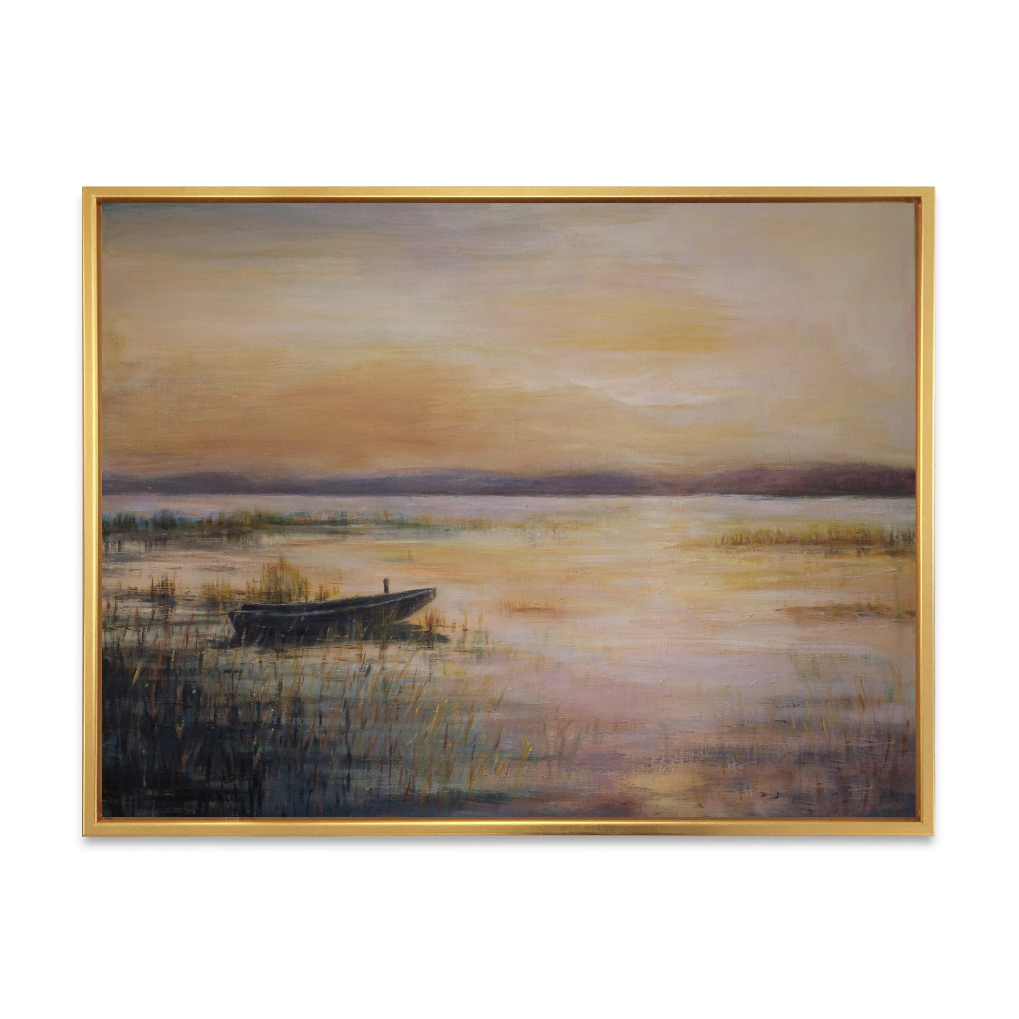 Designart 'Pastel Boat Sunset Over The Lake' Nautical & Coastal Framed Canvas Wall Art Print