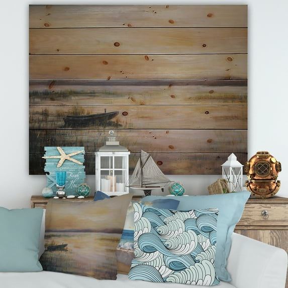 Designart 'Pastel Boat Sunset Over The Lake' Nautical & Coastal Print on Natural Pine Wood