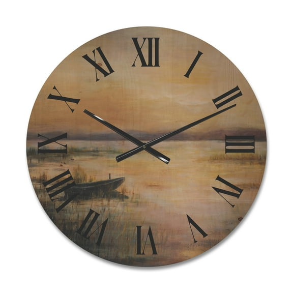 Designart 'Pastel Boat Sunset Over The Lake' Nautical & Coastal Wood Wall Clock