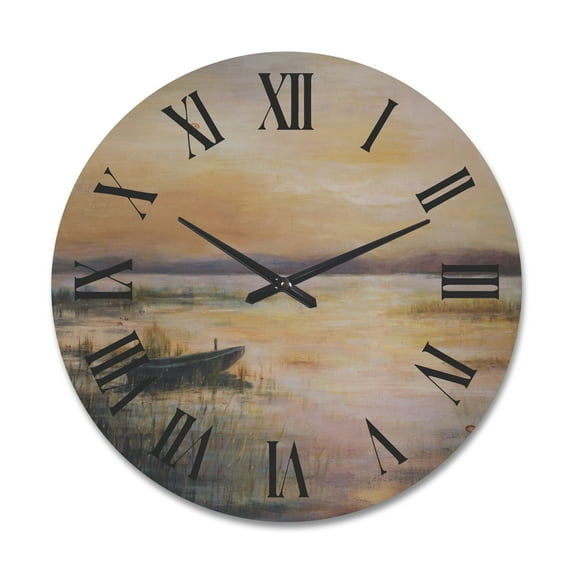 Designart 'Pastel Boat Sunset Over The Lake' Nautical & Coastal Wood Wall Clock