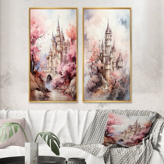 Designart "Pastel Dreams of Castles II" Castles Framed Wall Art Set Of 2 - Pink Architecture Framed Wall Art Set Of 2