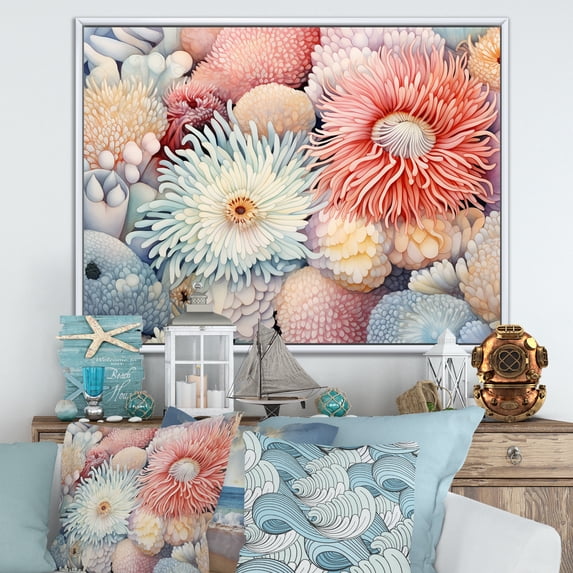 Designart "Pastel Elegance Amidst Anemones" Coastal Coral Under Water Floater Framed Canvas Art Print
