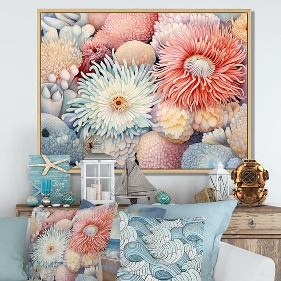Designart "Pastel Elegance Amidst Anemones" Coastal Coral Under Water Floater Framed Canvas Art Print