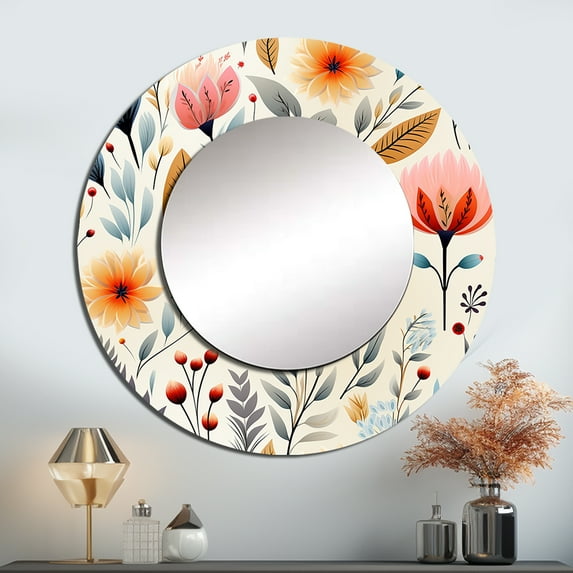 Designart "Pastel Floral Delicacy" Floral Rund Mirror For Wall Decor - Large Pink Round Print Mirror - Round Bohemian Mirror - Wall Mounted Round Large Mirror - 29" x 29"