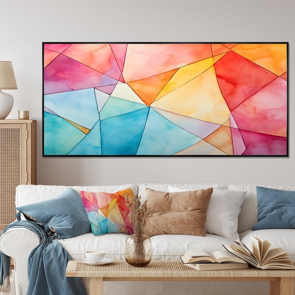 Designart "Pastel Geometric Ink Explosion Burst of Harmony I" Extra Large Abstract Framed Wall Art - Modern Colorful Abstract Geometric Living Room Framed Canvas Art