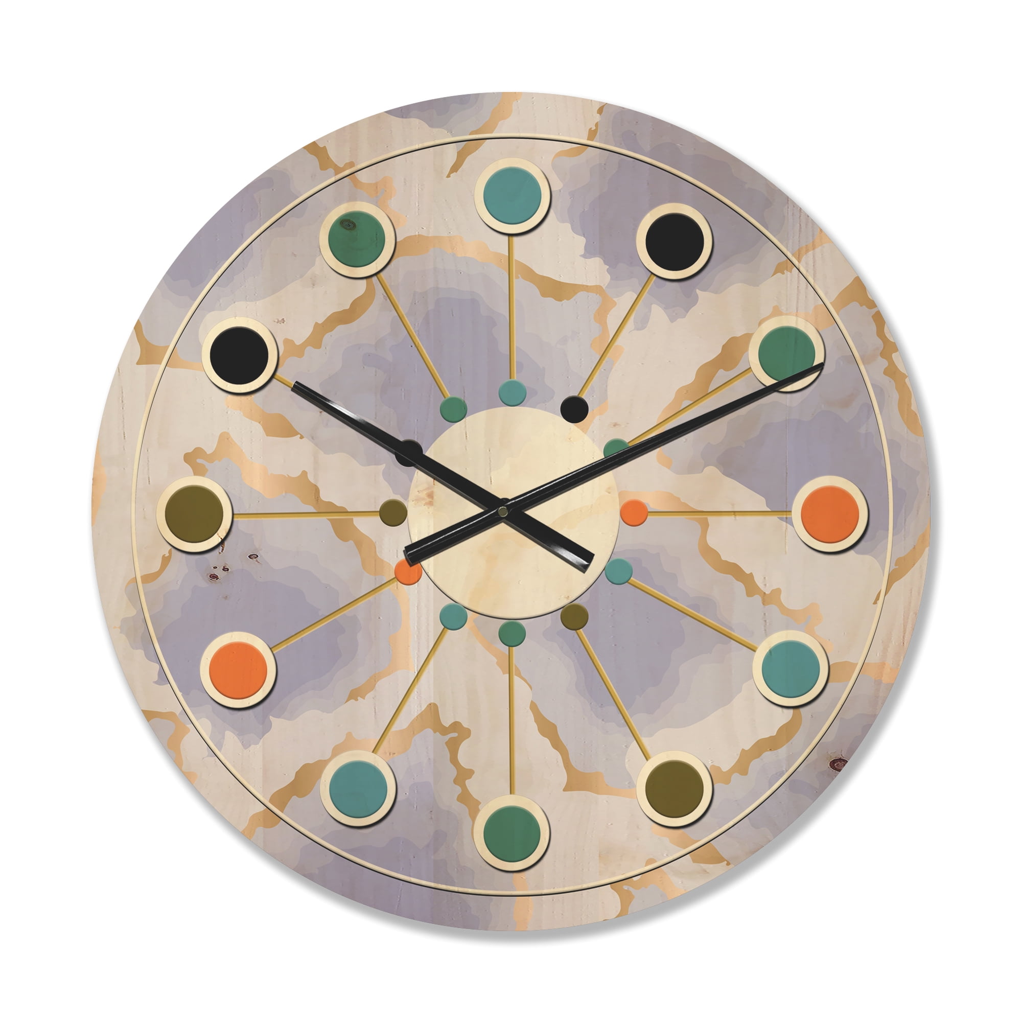 Designart 'Pastel Gold and Blue and Abstract Shapes Pattern' Mid-Century Modern Wood Wall Clock