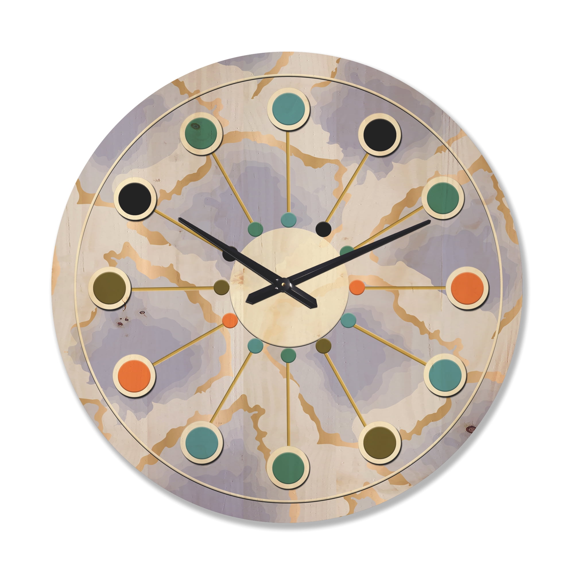 Designart 'Pastel Gold and Blue and Abstract Shapes Pattern' Mid-Century Modern Wood Wall Clock