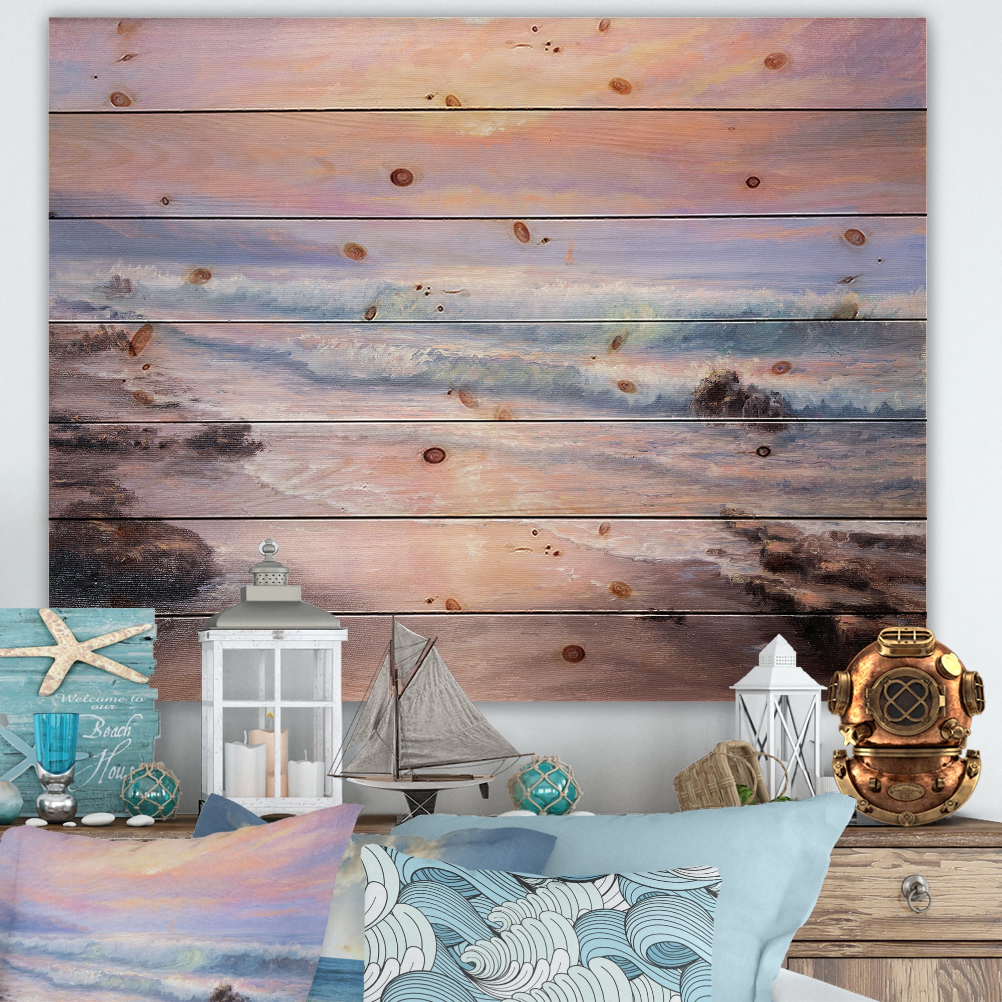 Designart 'Pastel Purple Sunset Glow Over Incoming Ocean I' Nautical & Coastal Print on Natural Pine Wood