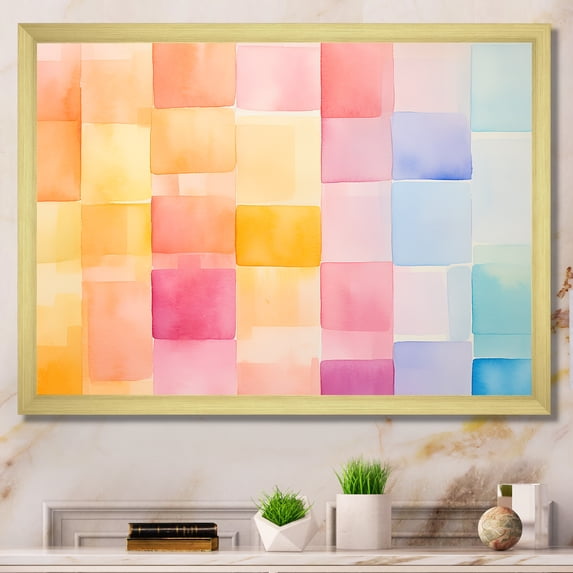 Designart "Pastel Shades in Cubic Patterns I" Abstract Framed Wall Art Decor - Modern Colorful Abstract Geometric Bedroom Framed Canvas Wall Art