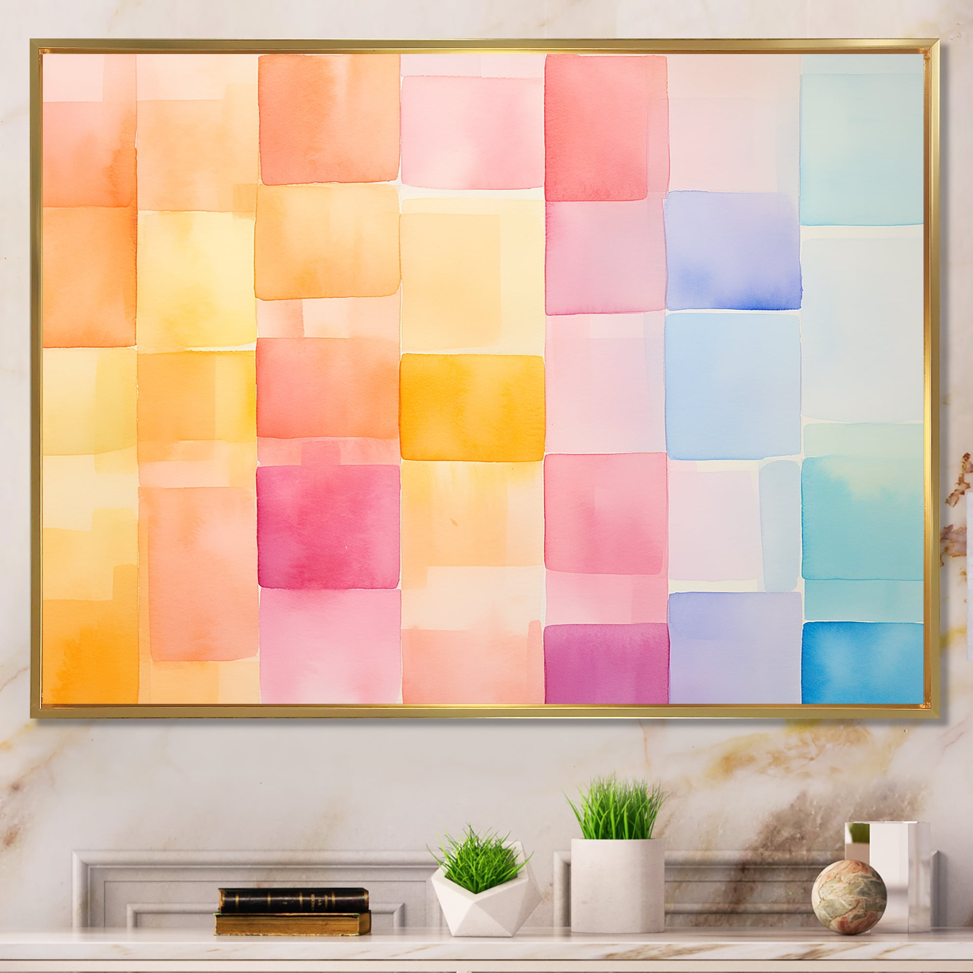 Designart "Pastel Shades in Cubic Patterns I" Abstract Framed Wall Art