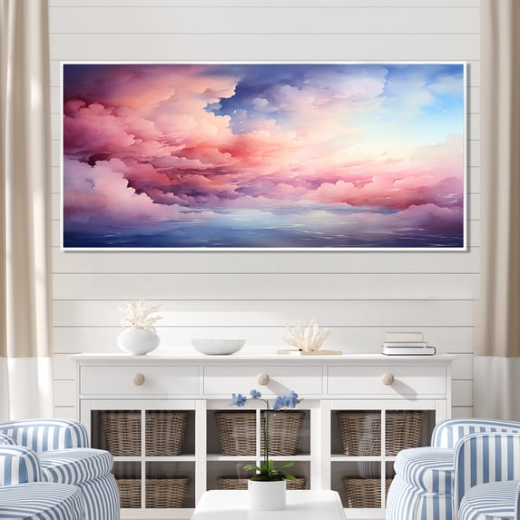 Designart "Pastel Sky Palette Pink and Blue Hues IV" Extra Large Landscapes Framed Wall Art - Traditional Pink Sky Living Room Framed Canvas Art