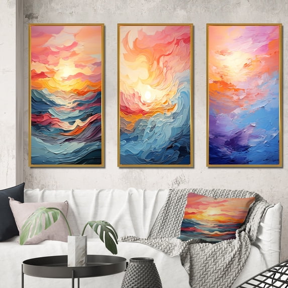 Designart "Pastel Sunset with Bold Colors III" Landscape & Nature Framed Wall Art Set Of 3 - Multi-Color Sunset Frame Canvas Set For Living Room Decor