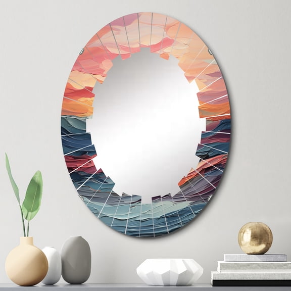 Designart "Pastel Sunset with Bold Colors III" Landscapes Round Wall Mirror - Traditional Oval Printed Decorative Oversized Mirror - Multiple Color Options