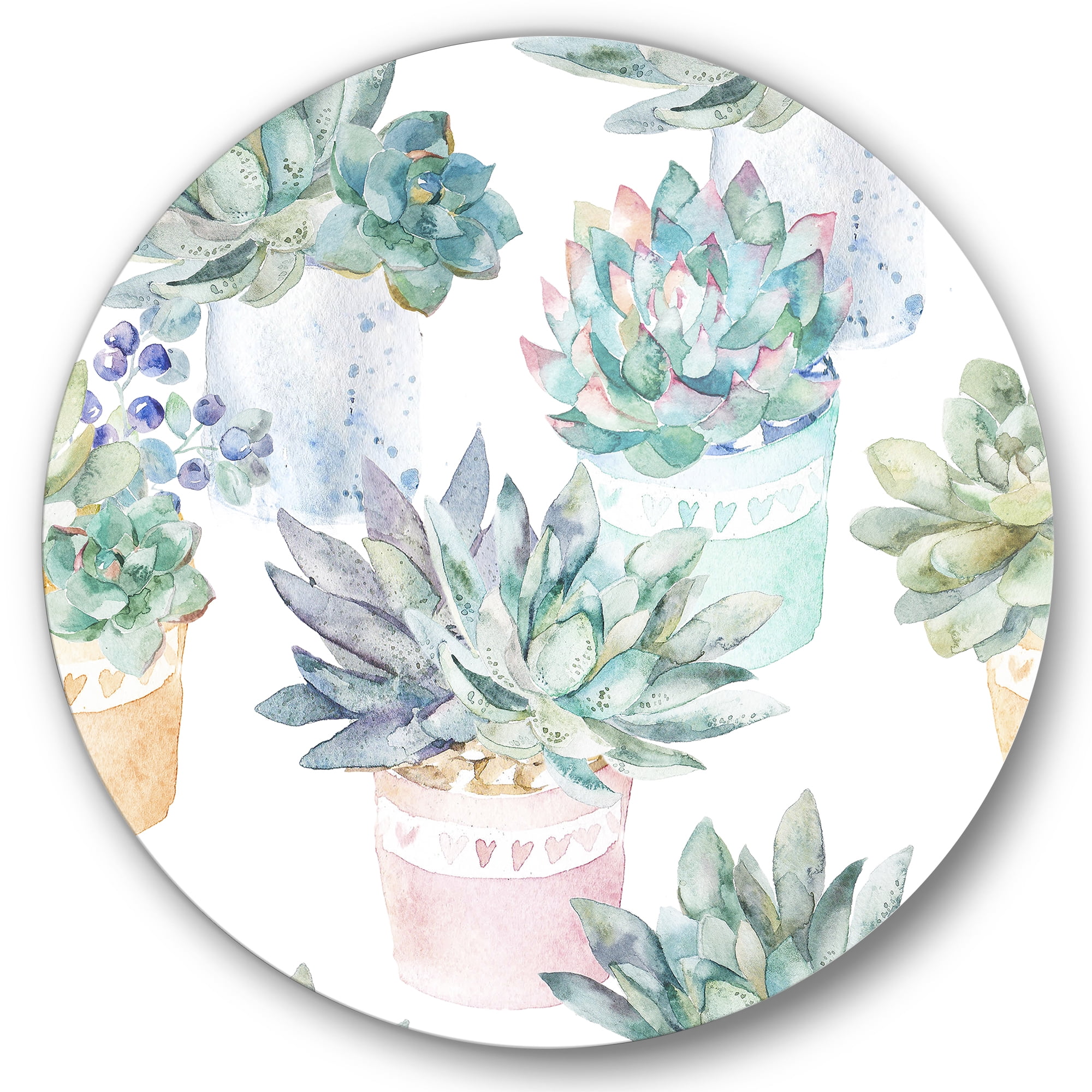 Designart 'Pastel Toned Succulent Housplants in Flowerpots' Traditional Circle Metal Wall Art 23x23 - Disc of 23